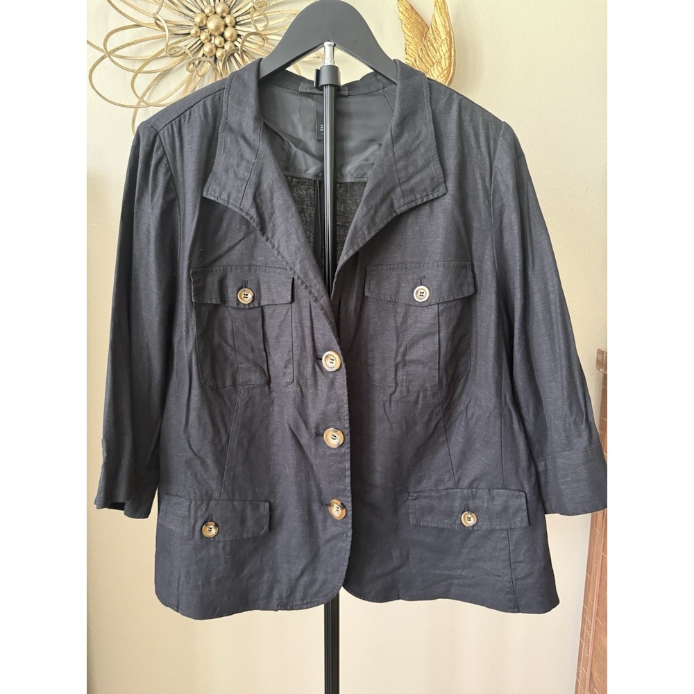 Lane Bryant Blazer Womens 22 Black Linen Blend Jacket Career Shoulder Pads